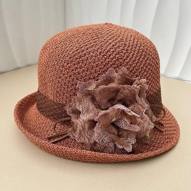 Hat for Women's New Summer Round Top Curled Edge Top Hat Sun Protection BreathabeMiddle-aged and Elderly Mothers Sun Hat Party