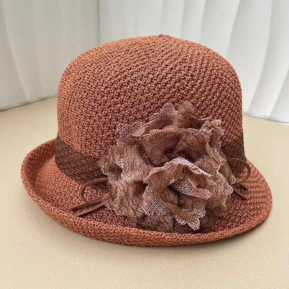 Hat for Women's New Summer Round Top Curled Edge Top Hat Sun Protection BreathabeMiddle-aged and Elderly Mothers Sun Hat Party