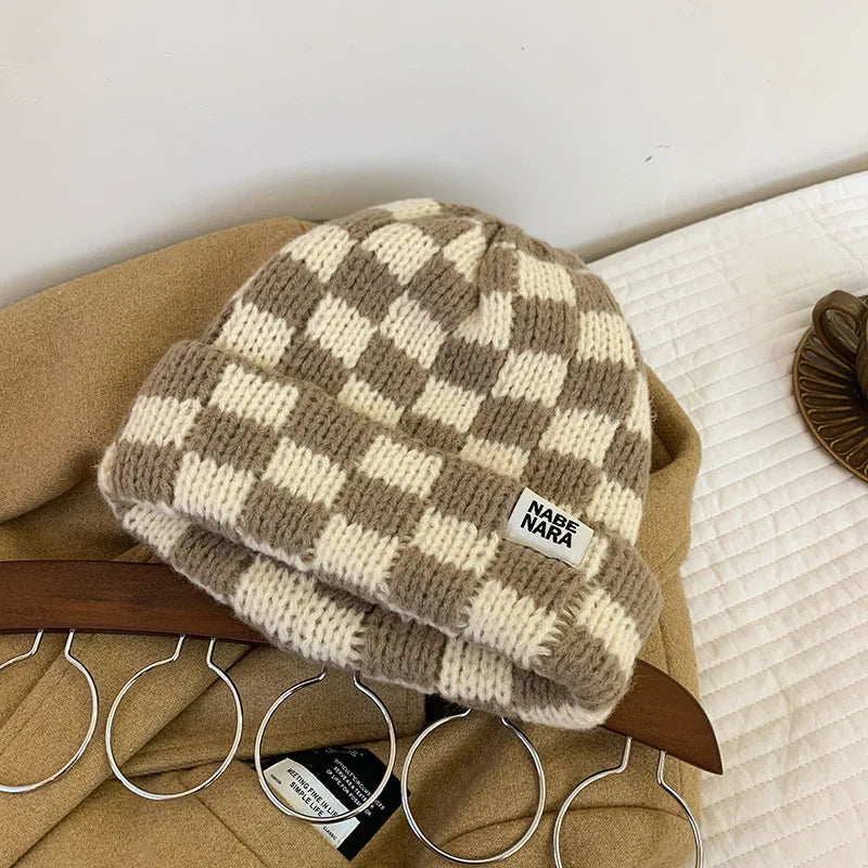 Luxury Brand Chessboard Plaid Knitted Hat Women Winter New Big Size Hat Warm Beanies Skullies Green Red Xmas Christmas Hat