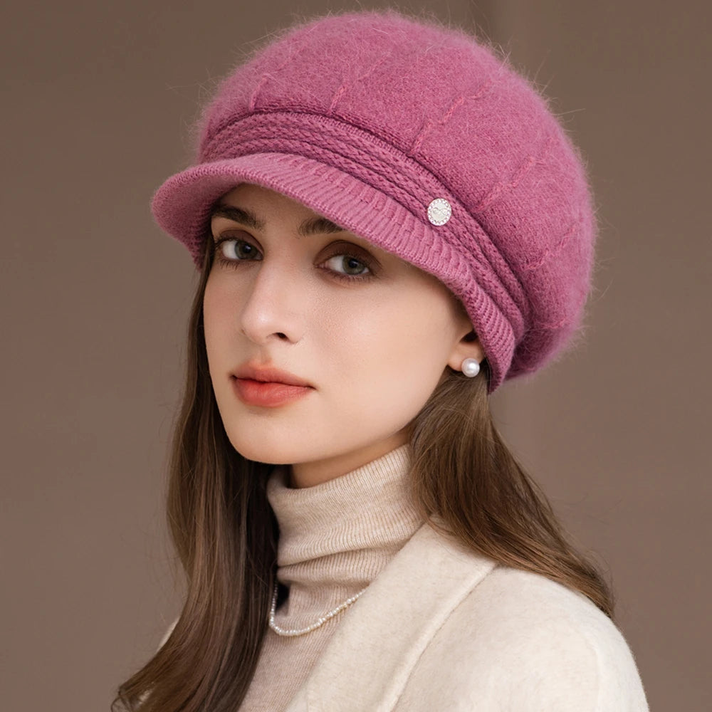 New Women Fashion Winter Hat With Brim Plush Fur Lined Chic Hats For Women Casual Rabbit Fur Blend Streetwear Knitted Cap