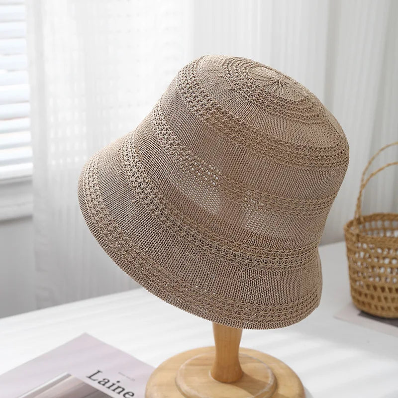 Spring Summer Hat Women Hollow Breathable Knitted Bucket Hat Casual Sunshade Sunhat Solid Simple 2025 New Bob Cap Female