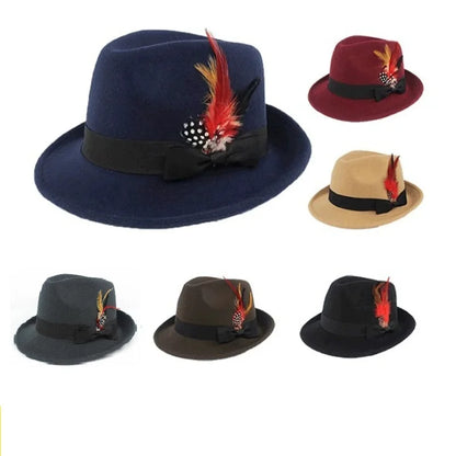 Hot-Selling Feather Top Hat British Style Felt Hat Fashionable and Versatile Woolen Retro Gentleman's Jazz Hat for Men and Women