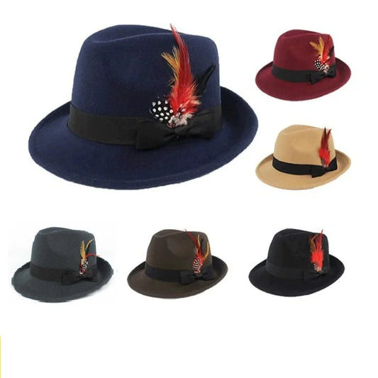 Hot-Selling Feather Top Hat British Style Felt Hat Fashionable and Versatile Woolen Retro Gentleman's Jazz Hat for Men and Women