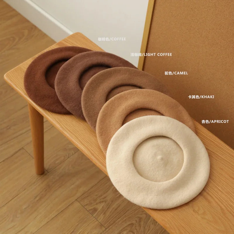 Wool Beret Hat Women French Beret Vintage Painter Cap Girl Solid Female Beret Femme Retro Casual Beanie Mushroom Hat Bonnet