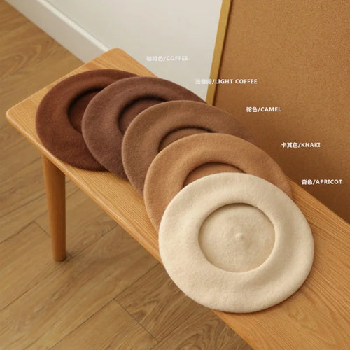 Wool Beret Hat Women French Beret Vintage Painter Cap Girl Solid Female Beret Femme Retro Casual Beanie Mushroom Hat Bonnet