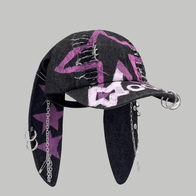 Dark Punk Rabbit Ears Peaked Hat Denim Hole Baseball Cap Women's Trendy Chain Hip-Hop Personalized Abby Style