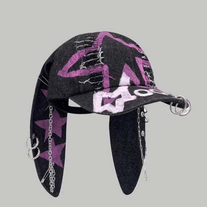 Dark Punk Rabbit Ears Peaked Hat Denim Hole Baseball Cap Women's Trendy Chain Hip-Hop Personalized Abby Style