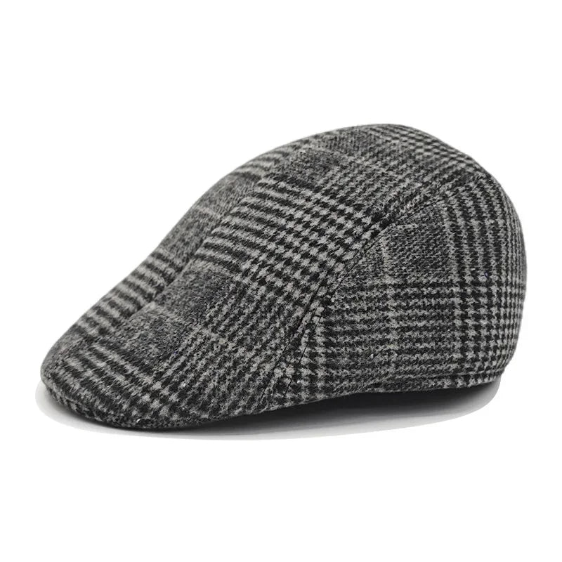 Fall Winter Men Beret Pu Plaid Peaked Forward Cap for The Middle Elderly Men Dad Grandpa Thick Ear Protection Military Hat Beret