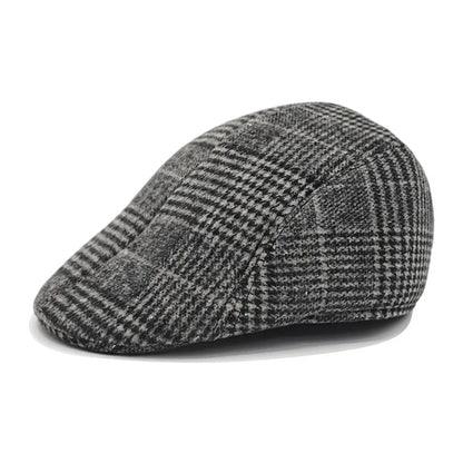 Fall Winter Men Beret Pu Plaid Peaked Forward Cap for The Middle Elderly Men Dad Grandpa Thick Ear Protection Military Hat Beret