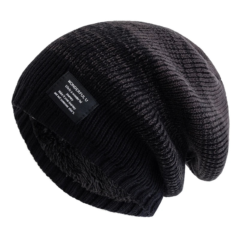 Hot Sale Women Slouchy Winter Hats Plush Fur Lined Beanie Cap Female Winter Mixing Color Label Decor Knitted Hats