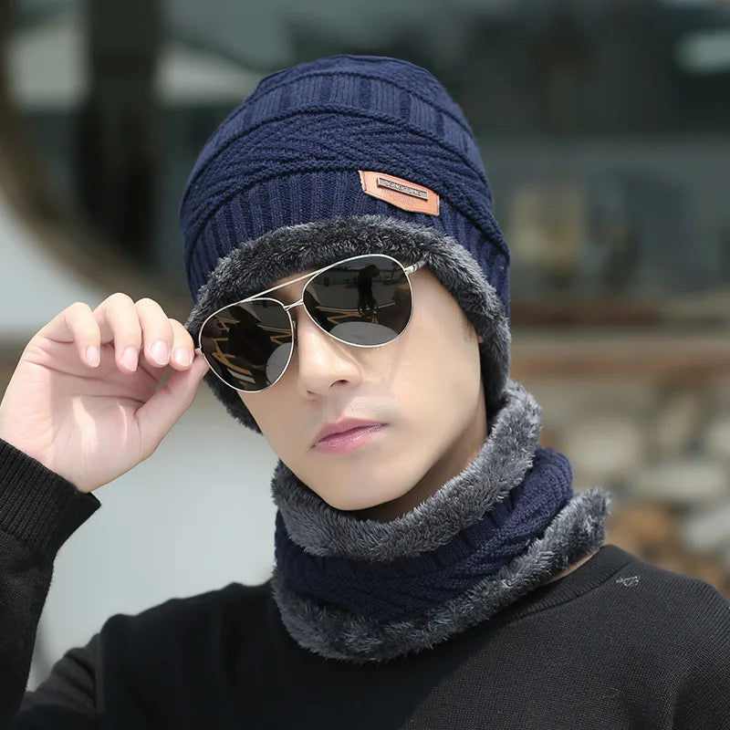 Unisex Winter Knitted Hat – Thick Warm Fleece Neck Beanie, Windproof Cap