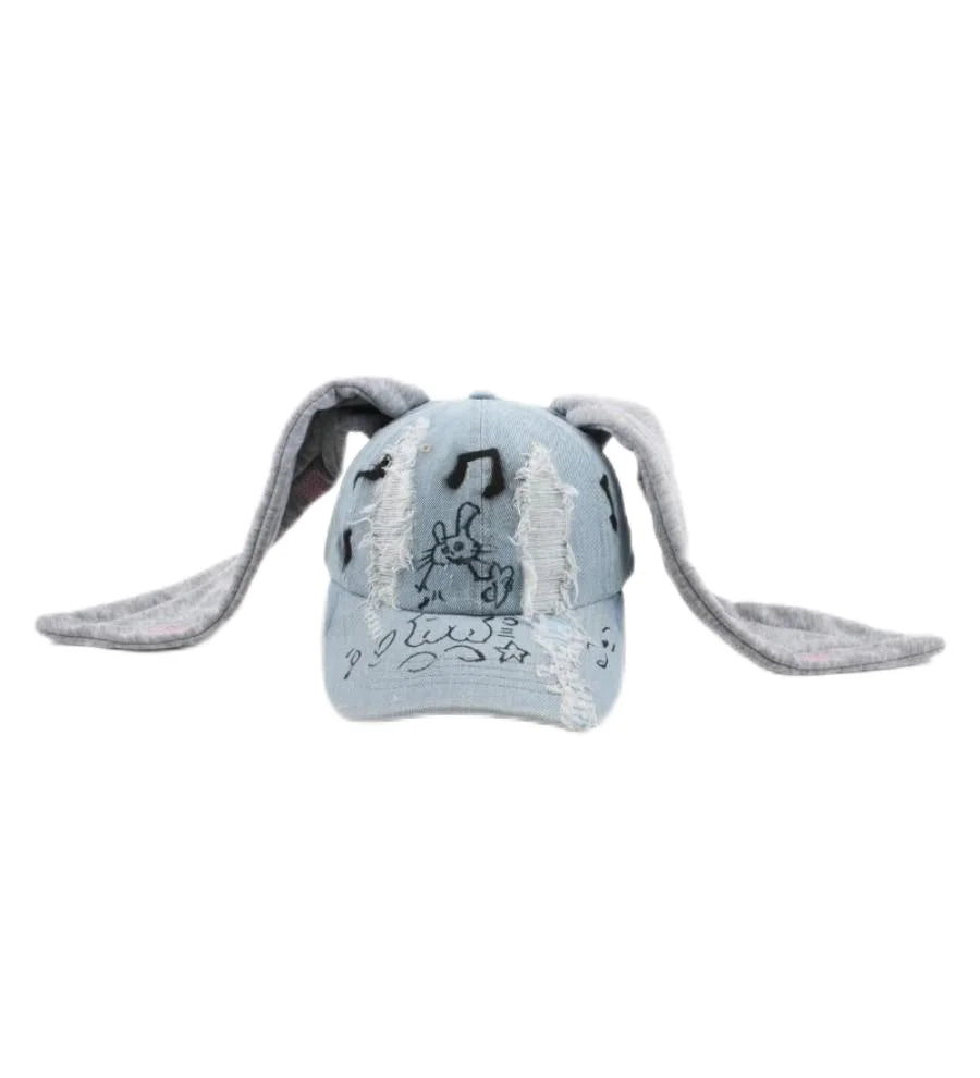 Korean Fashion Baseball Cap For Punk Ripped Retro Denim Jeans Graffiti Cool Long Rabbit Ear Street Hip Hop Sun Hats Visors