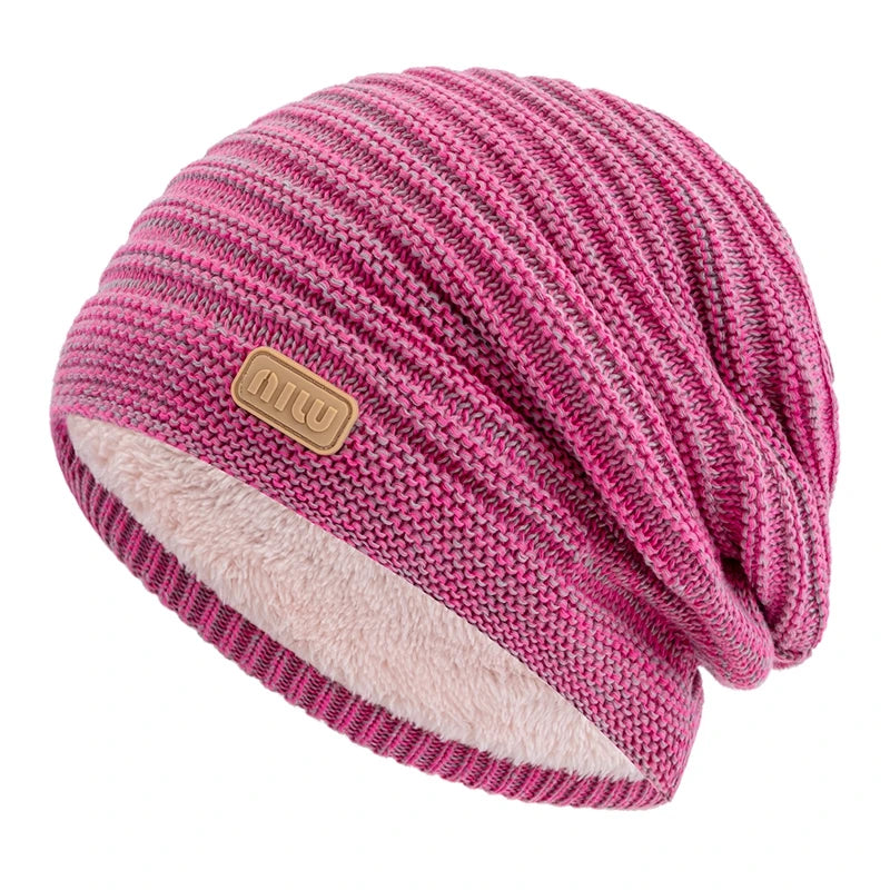 New Style Unisex Slouchy Winter Hats Men Women Striped Mix Warm Beanie Cap NIU Label Decor Plush Fur Lined Winter Knitted Hat