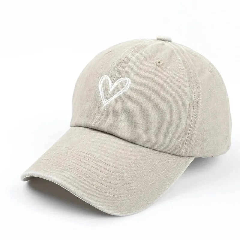Unisex Washed Baseball Cap Peach Heart Embroidery Casual Soft Top Summer Hat