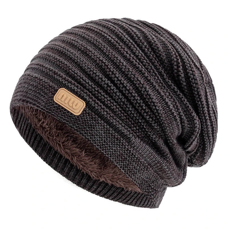 New Style Unisex Slouchy Winter Hats Men Women Striped Mix Warm Beanie Cap NIU Label Decor Plush Fur Lined Winter Knitted Hat