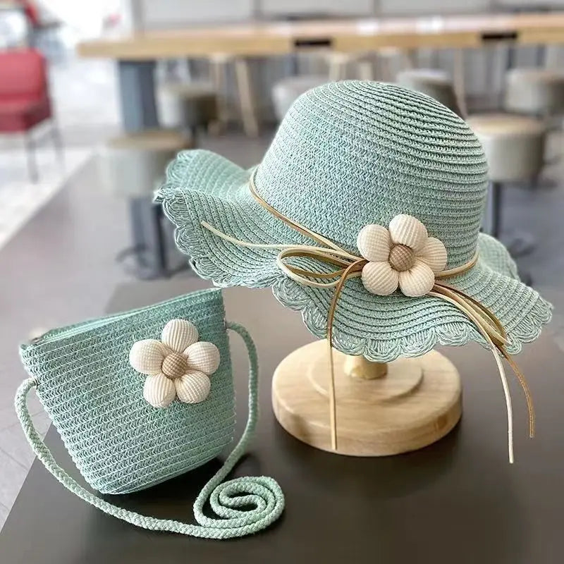 Summer Baby Flower Straw Hat With Handbag Bags 2pcs Set For Kids Little Girls Sun Cap Visor UV Protection Panama Hat gorras
