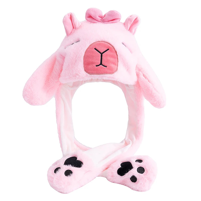 New Style Lovely Capybara Kapibala Ear Moving Up Cap Women Girls Cute Funny Hat Rabbits Ears Plush Winter Lovely Hat ﻿