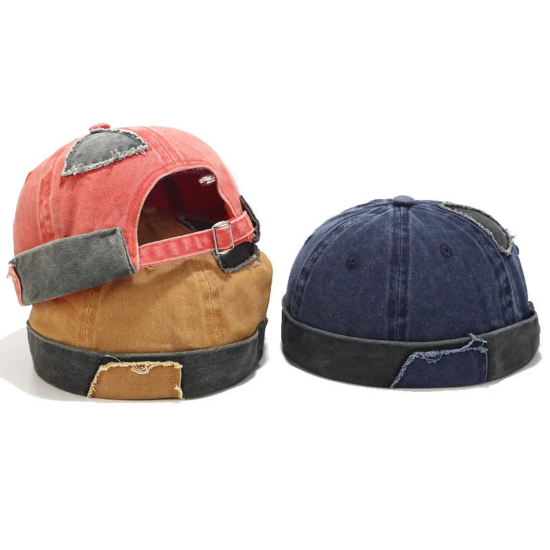 Retro Patch Hole Dome Melon Hat Washed Denim Cotton Brimless Beanie Cap Unisex Docker Sailor Biker Cap Casual Skull Loop Beanie