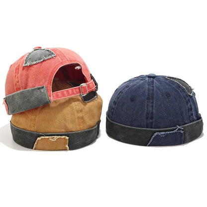 Retro Patch Hole Dome Melon Hat Washed Denim Cotton Brimless Beanie Cap Unisex Docker Sailor Biker Cap Casual Skull Loop Beanie