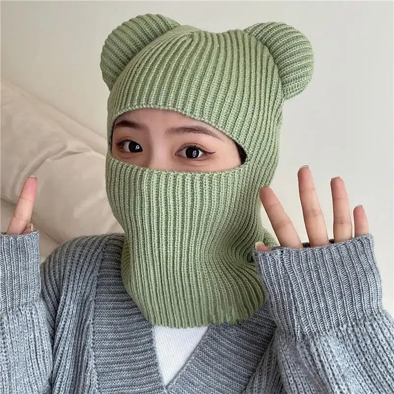 Warm Cycling Caps Winter Knitted Ski Scarf Hat Bear Ear Balaclava Hat Bonnets Beanie for Men Women Outdoor Sports Hooded