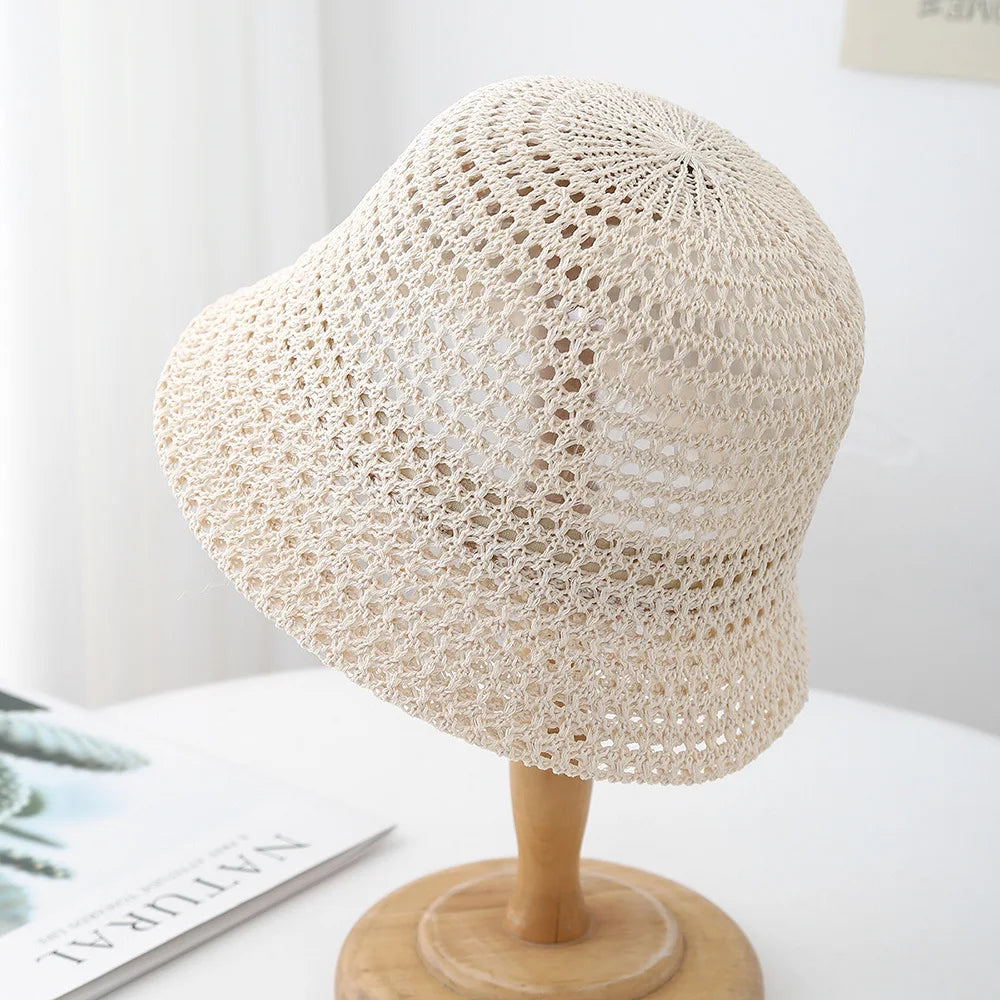 Spring Summer Knitted Bucket Hat for Women Foldable Sun Hat Breathable Beach Cap Outdoor Travel Casual Chic 2025 New Sunhat