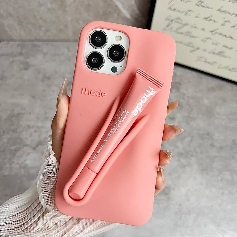 Rhode Lip Gloss iPhone Case – Silicone Makeup Phone Cover with Lipstick Holder
