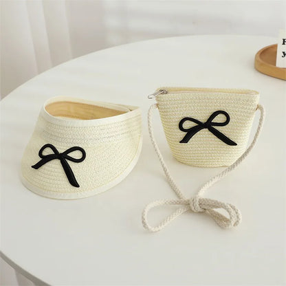 Summer Straw Hat And Shoulder Bag Set For Girls Baby Children Empty Top Sun Hat Large Brim Bowknot Outdoor Beach Visor Sun Cap