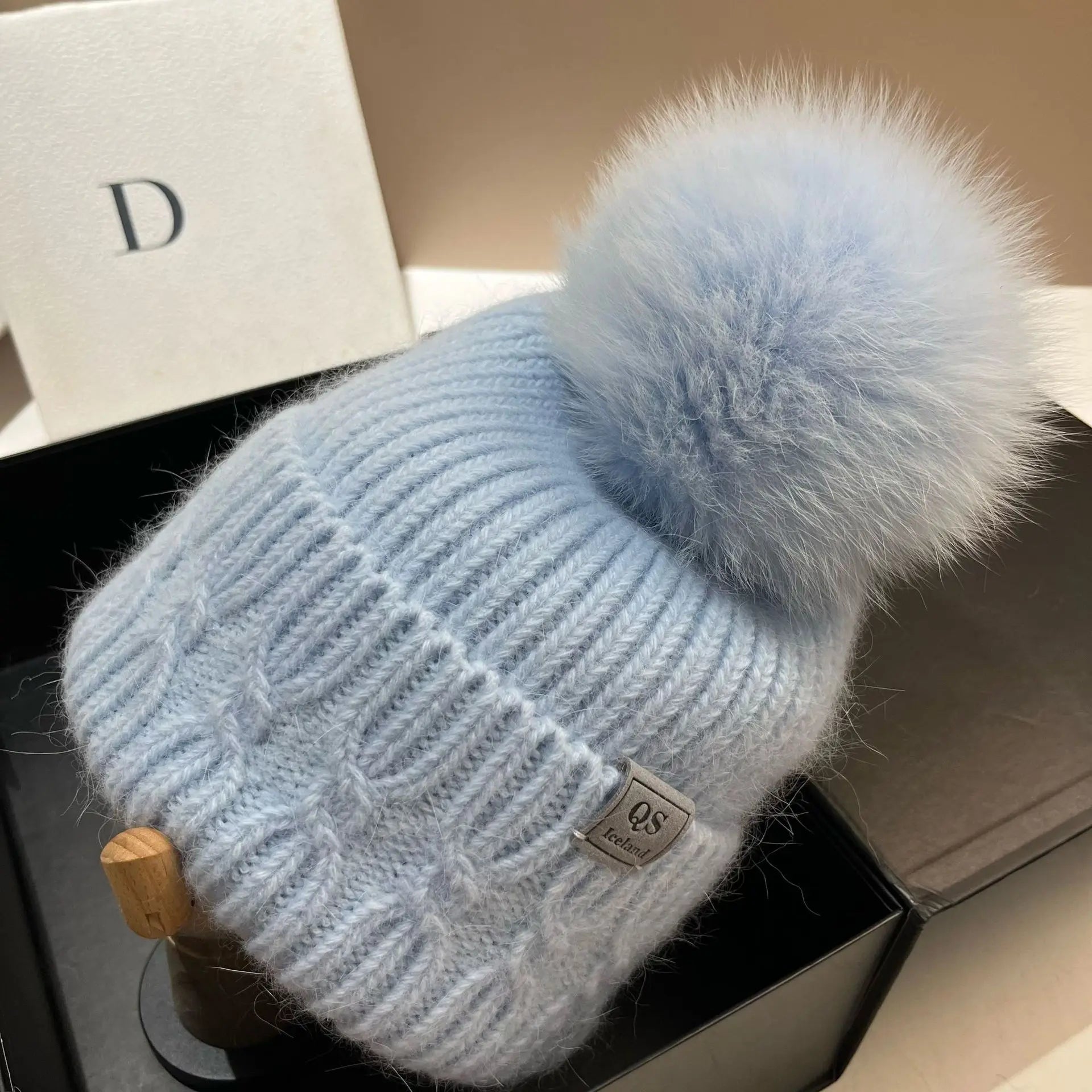 Winter Warm White Rabbit Fur Knitted Hat For Women 2025 Winter Beanie With Fox Fur Pompom Snow Outdoor Casual