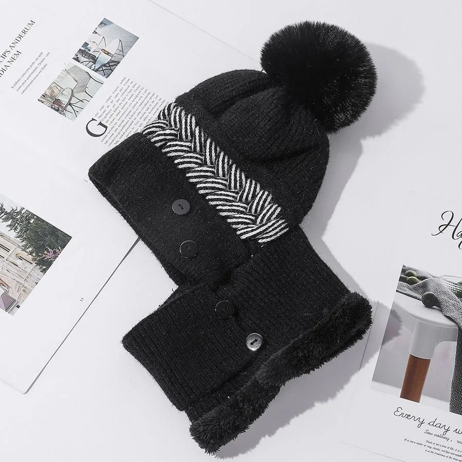 New Style Female Pompoms Winter Hats Plush Fur Lined Keep Warm Winter Hat Women Windproof Coldproof Thicken Balaclava Cap