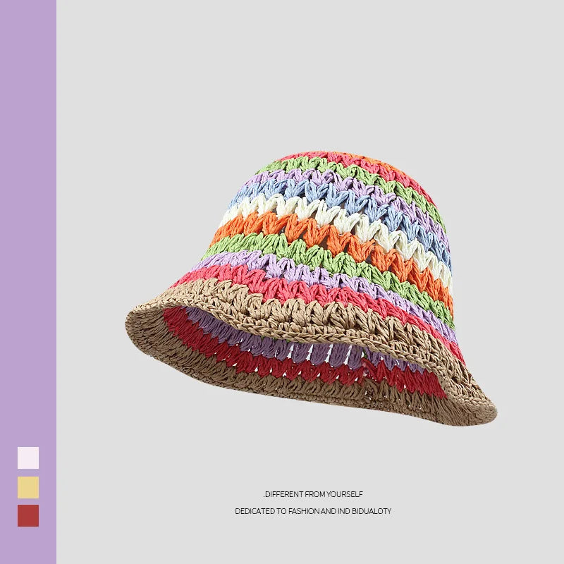 Sun Hat Women's Summer Sun Protection UV Protection 2024 New Beach Vacation Fisherman Hat Rainbow Colorful Striped Basin Hat