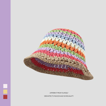 Sun Hat Women's Summer Sun Protection UV Protection 2024 New Beach Vacation Fisherman Hat Rainbow Colorful Striped Basin Hat