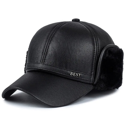 Men’s Faux Leather Baseball Cap with Ear Flaps Winter Warm Outdoor Hat