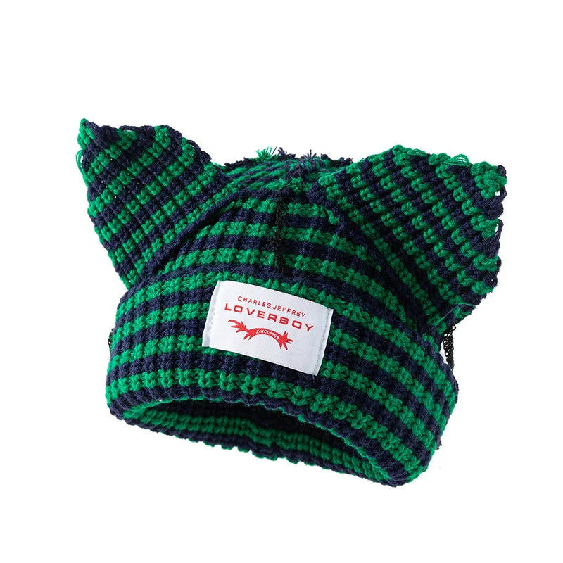 Stripe Knit Beanie Hats Cute Bunny Ears Grunge Cap Fluffy Winter Warm Knit Crochet Outdoor Slouchy Beanie Fashion Brand
