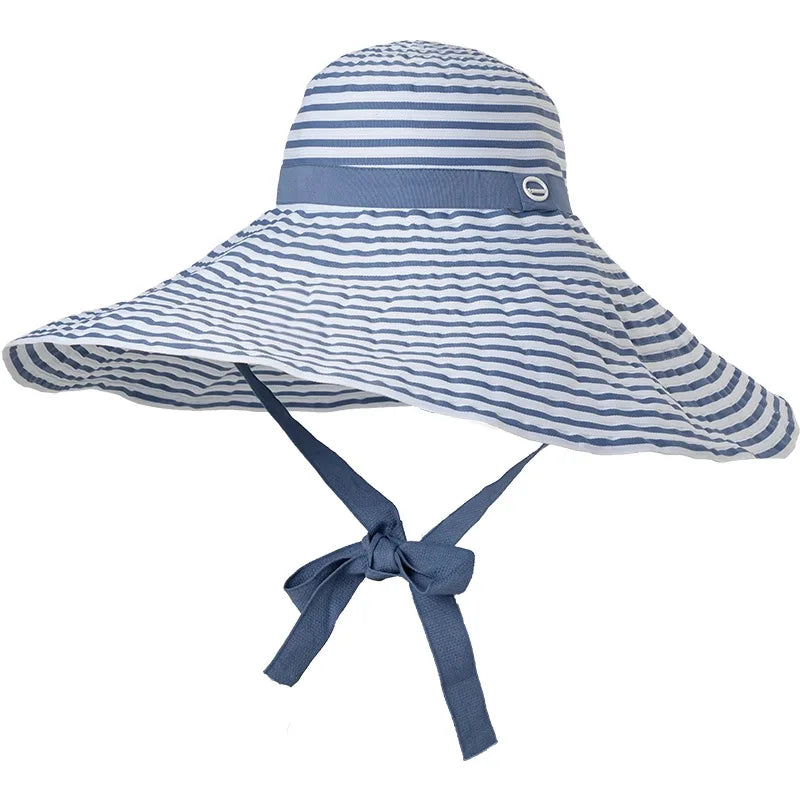 Korean Version Stripe Wide Edge Strap Bucket Hat Sunscreen Hat Women's Basin Hats Summer Big Brim Showing Face Small Sun Hats