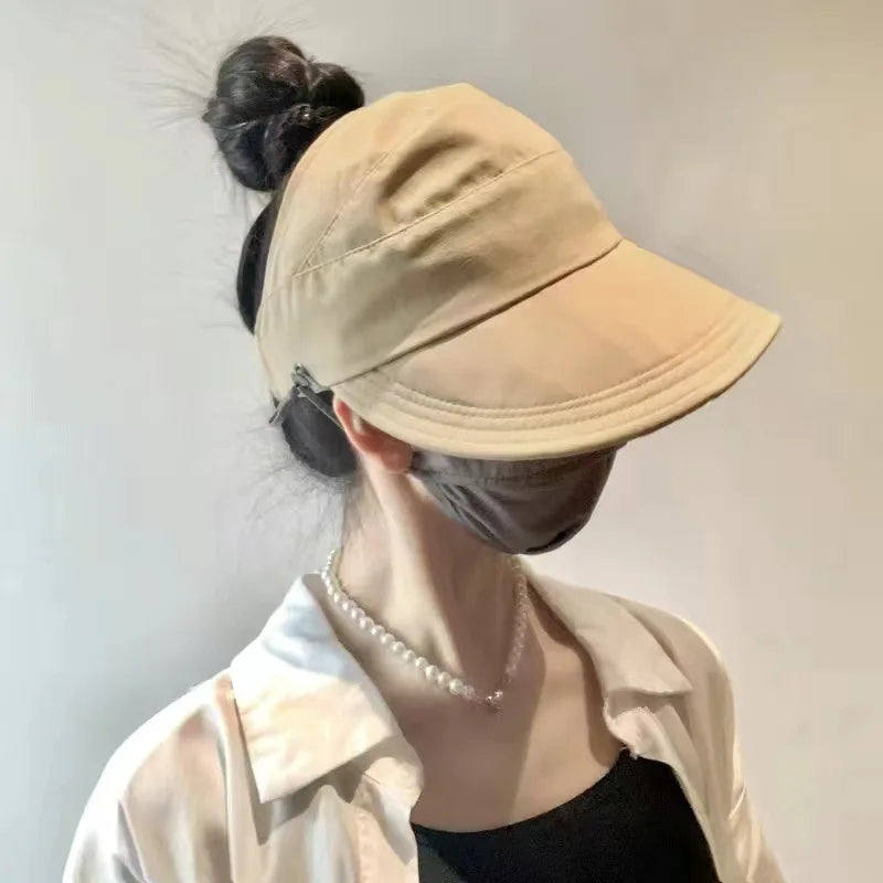 Women’s UV Protection Wide Brim Bucket Hat Foldable Ponytail Sun Hat Outdoor Beach Fisherman Cap