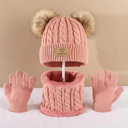 Toddler Kids Pom Pom Decor Beanie & Infinity Scarf & Gloves Boys Girls Winter Warm Suit