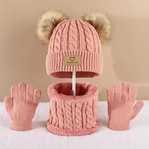 Toddler Kids Pom Pom Decor Beanie & Infinity Scarf & Gloves Boys Girls Winter Warm Suit