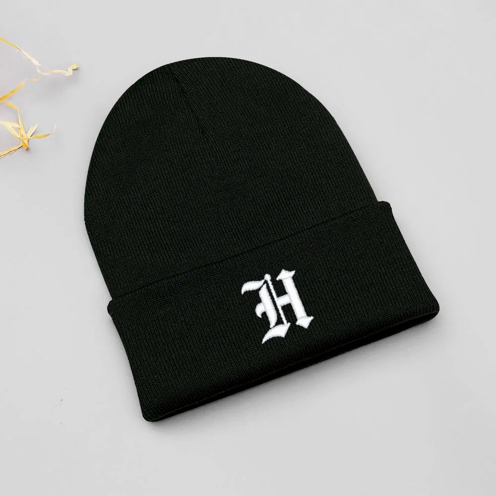 Old English Letter A-Z Embroidered Beanie Hat Unisex Winter Knit Caps for Men Women Soft Ski Hat