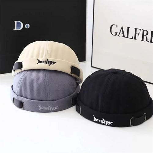 Unisex Vintage Docker Cap – Shark Embroidery Brimless Cotton Beanie Adjustable Dome Sun Hat