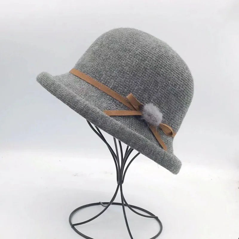 Woolen Bucket Hat Women's Autumn and Winter Bow Korean Version Versatile Japanese Dome Basin Hat British Retro Top Hat Tide