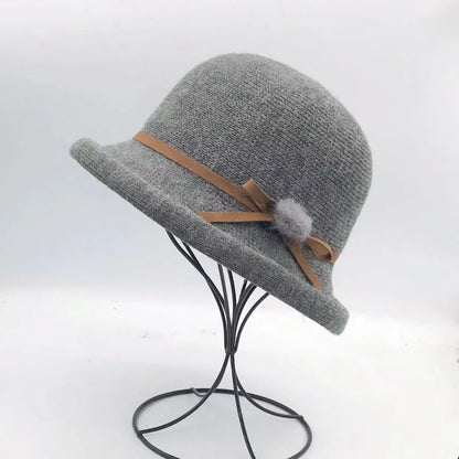 Woolen Bucket Hat Women's Autumn and Winter Bow Korean Version Versatile Japanese Dome Basin Hat British Retro Top Hat Tide