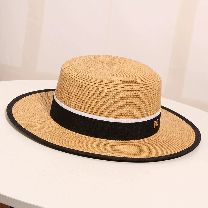 Women's Summer Travel Beach Jazz Hat Seaside Sunshade Sun Protection Straw Hat Flat Top British Hat Straw Woven