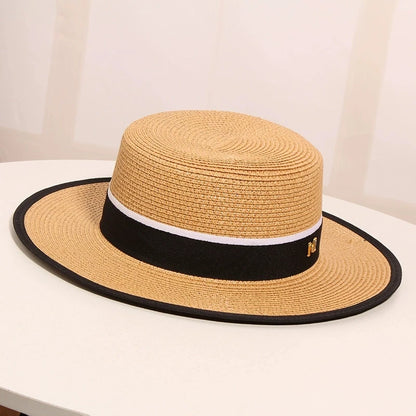 Women's Summer Travel Beach Jazz Hat Seaside Sunshade Sun Protection Straw Hat Flat Top British Hat Straw Woven
