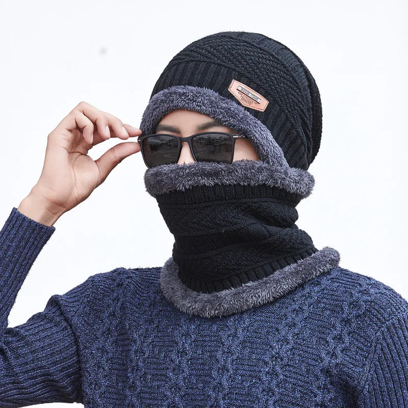 Unisex Winter Knitted Hat – Thick Warm Fleece Neck Beanie, Windproof Cap