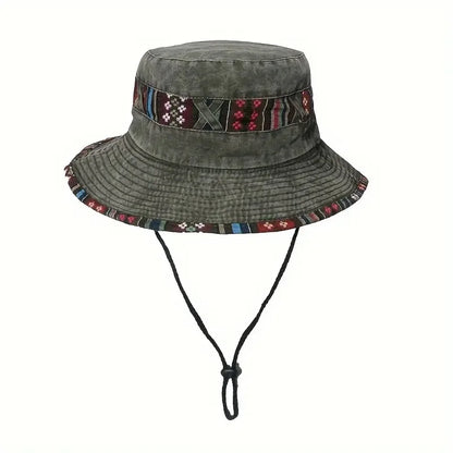 Retro Cotton Versatile Colorful Brim Bucket Hat, Sporty Adjustable UV Protection Sun Hat, With Chin Strap For Men Women