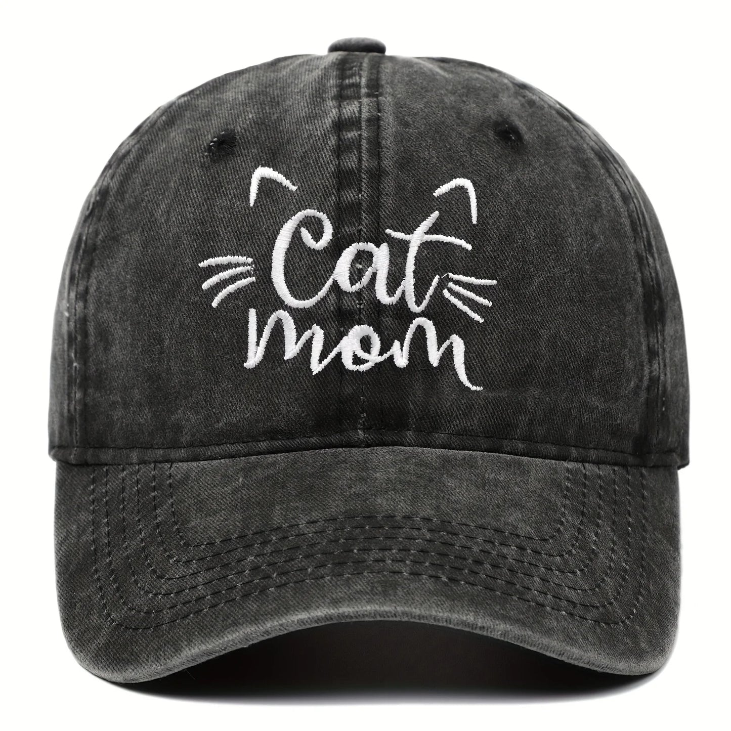 Ladies Embroidered Cat Mom Baseball Cap, Wash Cotton Adjustable Sunscreen Hat,Cartoon Theme, Birthday Gift, Outdoor Spire Caps