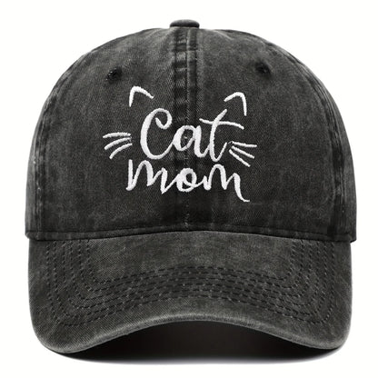 Ladies Embroidered Cat Mom Baseball Cap, Wash Cotton Adjustable Sunscreen Hat,Cartoon Theme, Birthday Gift, Outdoor Spire Caps