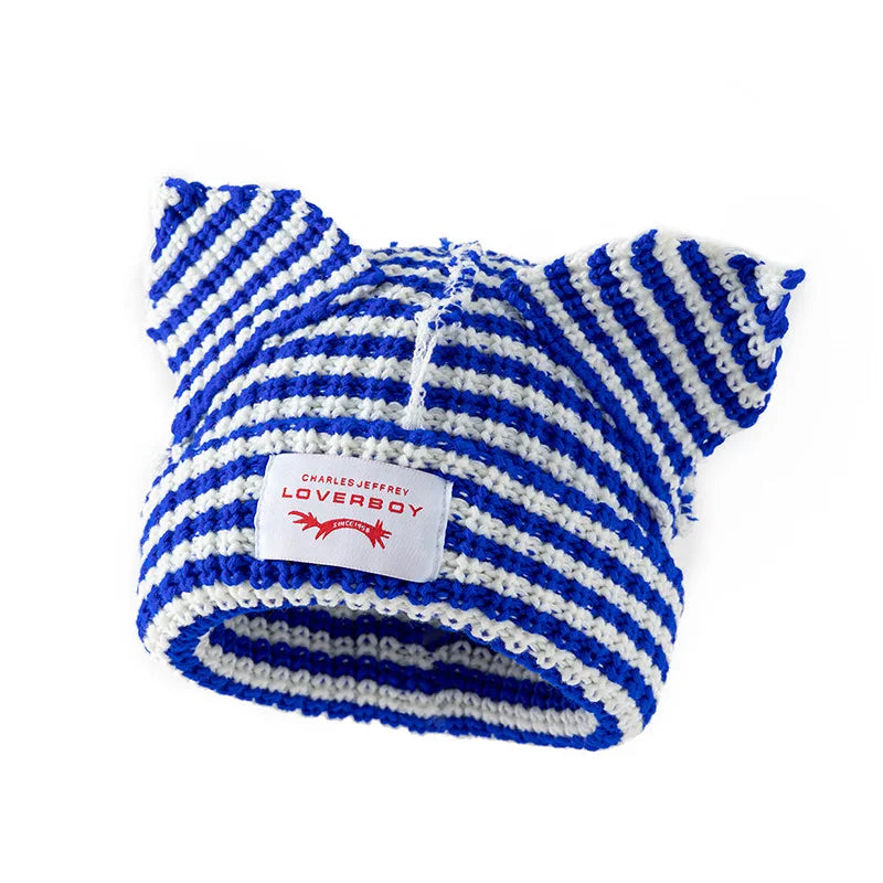 Stripe Knit Beanie Hats Cute Bunny Ears Grunge Cap Fluffy Winter Warm Knit Crochet Outdoor Slouchy Beanie Fashion Brand