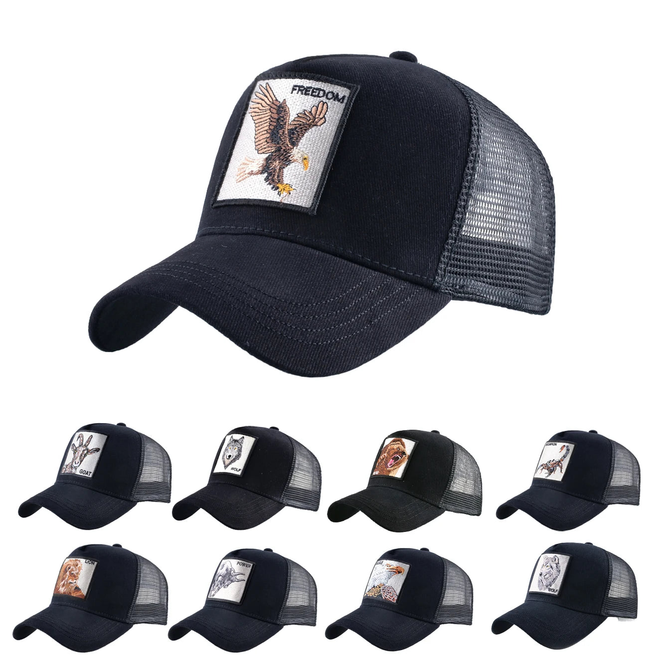 Unisex Black Baseball Cap With Animals Embroidery Patch For Men Women Fashion Snapback Hip Hop Trucker Hat Adjustable Breathable
