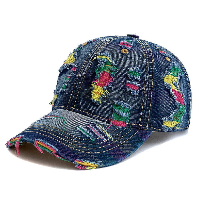 New Style Women Cap Tear Style Hole Vintage Colorful Lines Baseball Caps Female Casual Outdoor Streetwear Denim Hat
